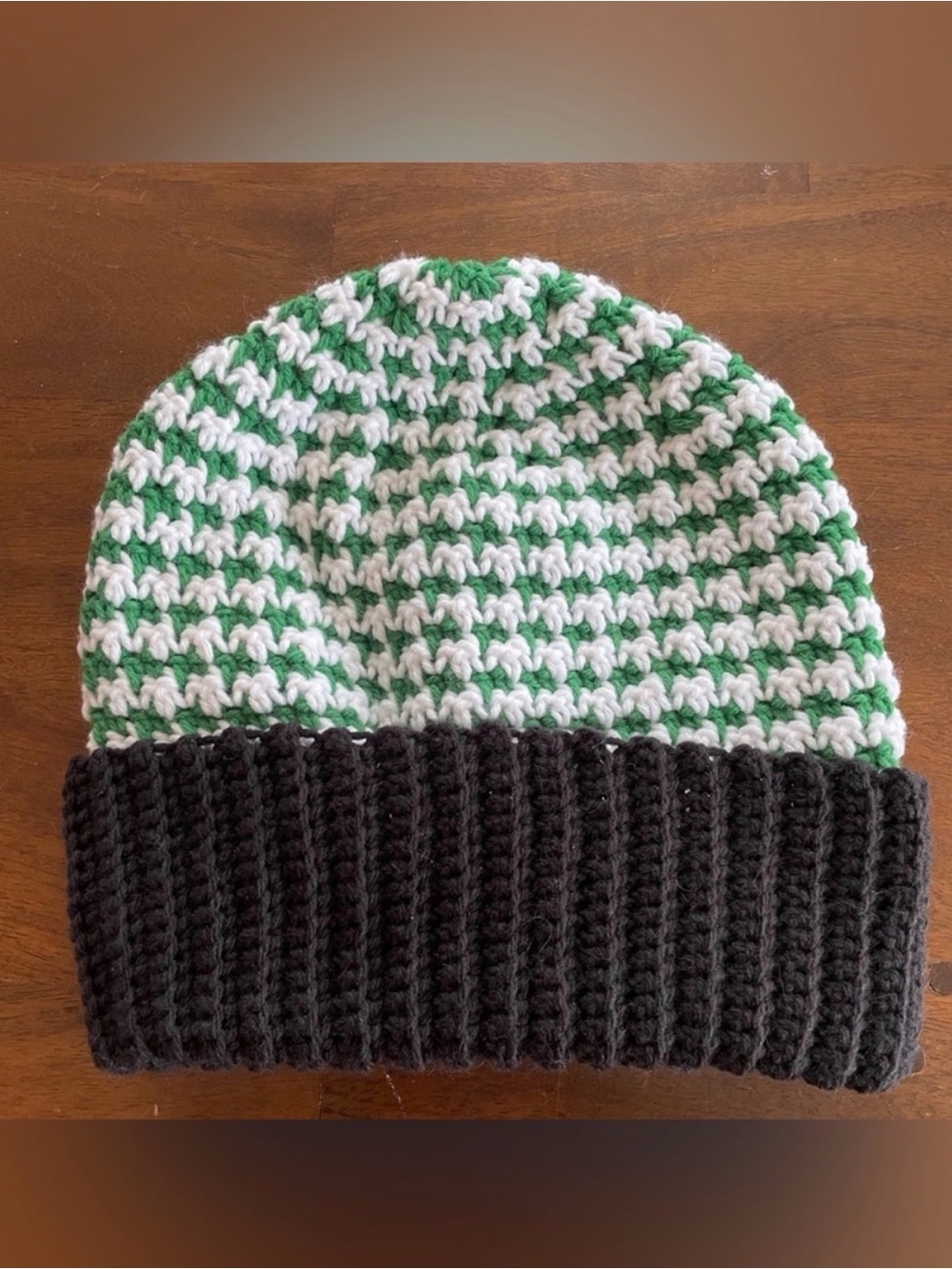 Handmade Two-Tone Green & White Crochet Beanie with Black Cuff